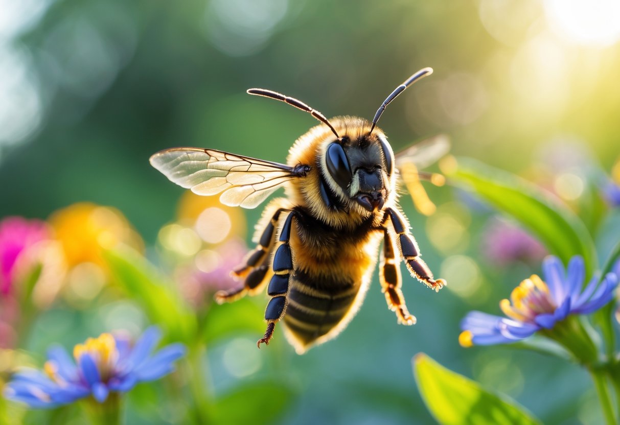 A close-up of a bee flying near colorful flowers in a garden, appearing alert and agitated.