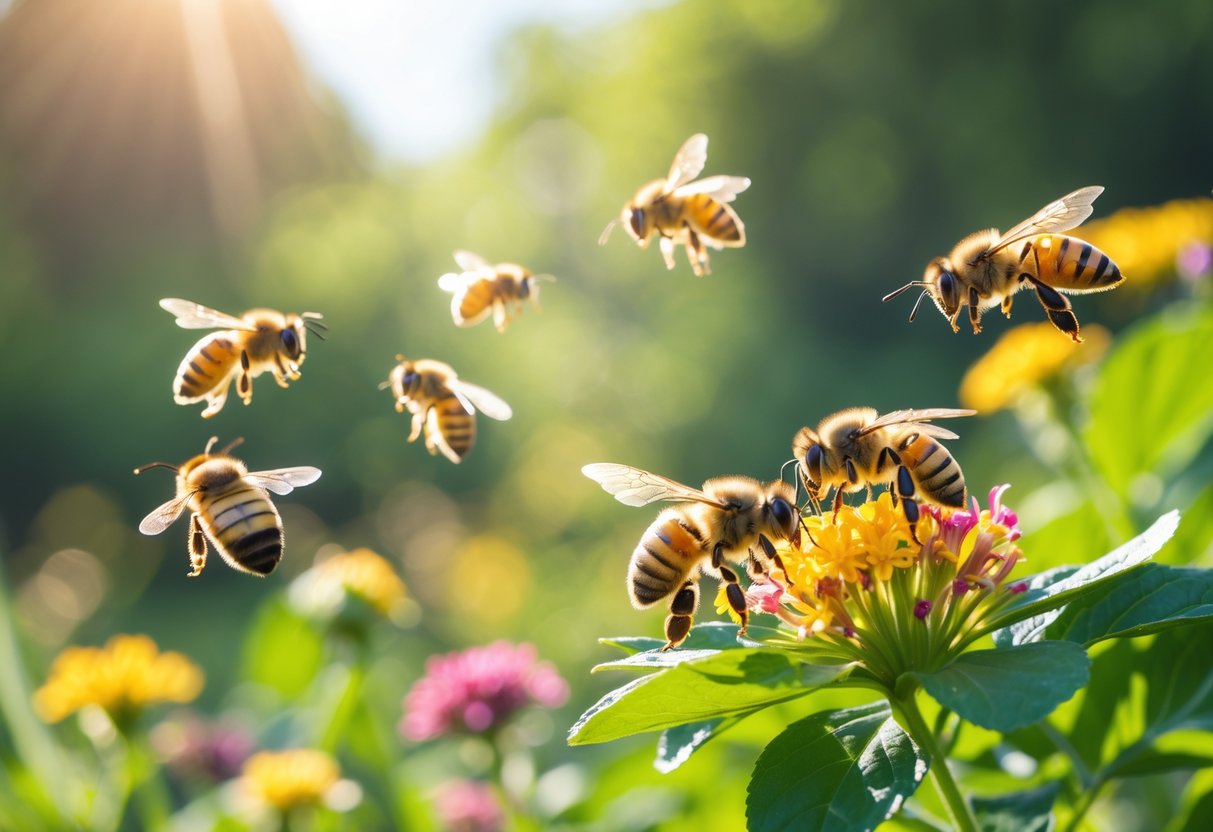 Close-up of honeybees resting on leaves and flowers outside their hive in a garden.
