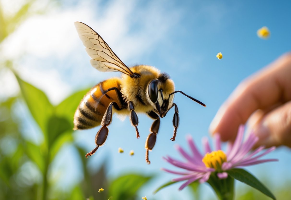A close-up of a bee flying near a flower with a hand and food container faintly visible in the background.