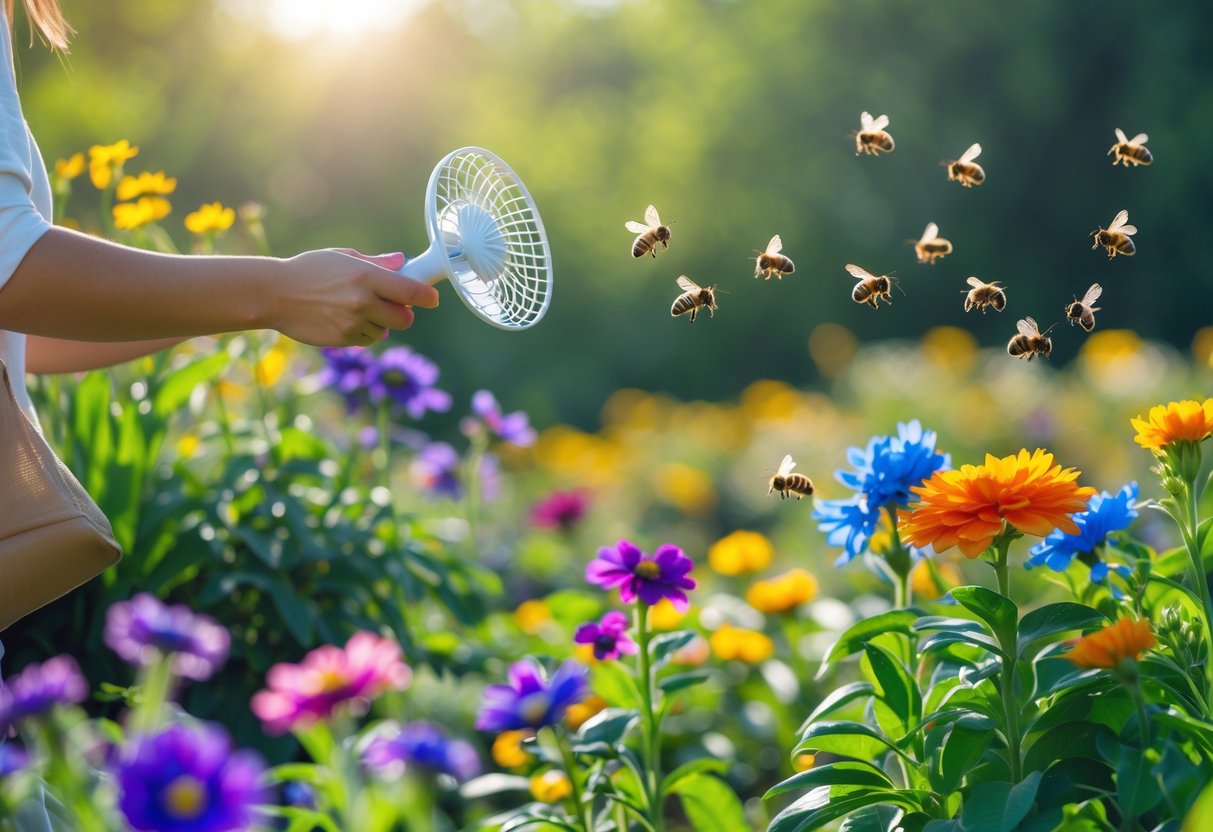 A person waving a small fan near flowers while bees fly away from the garden.