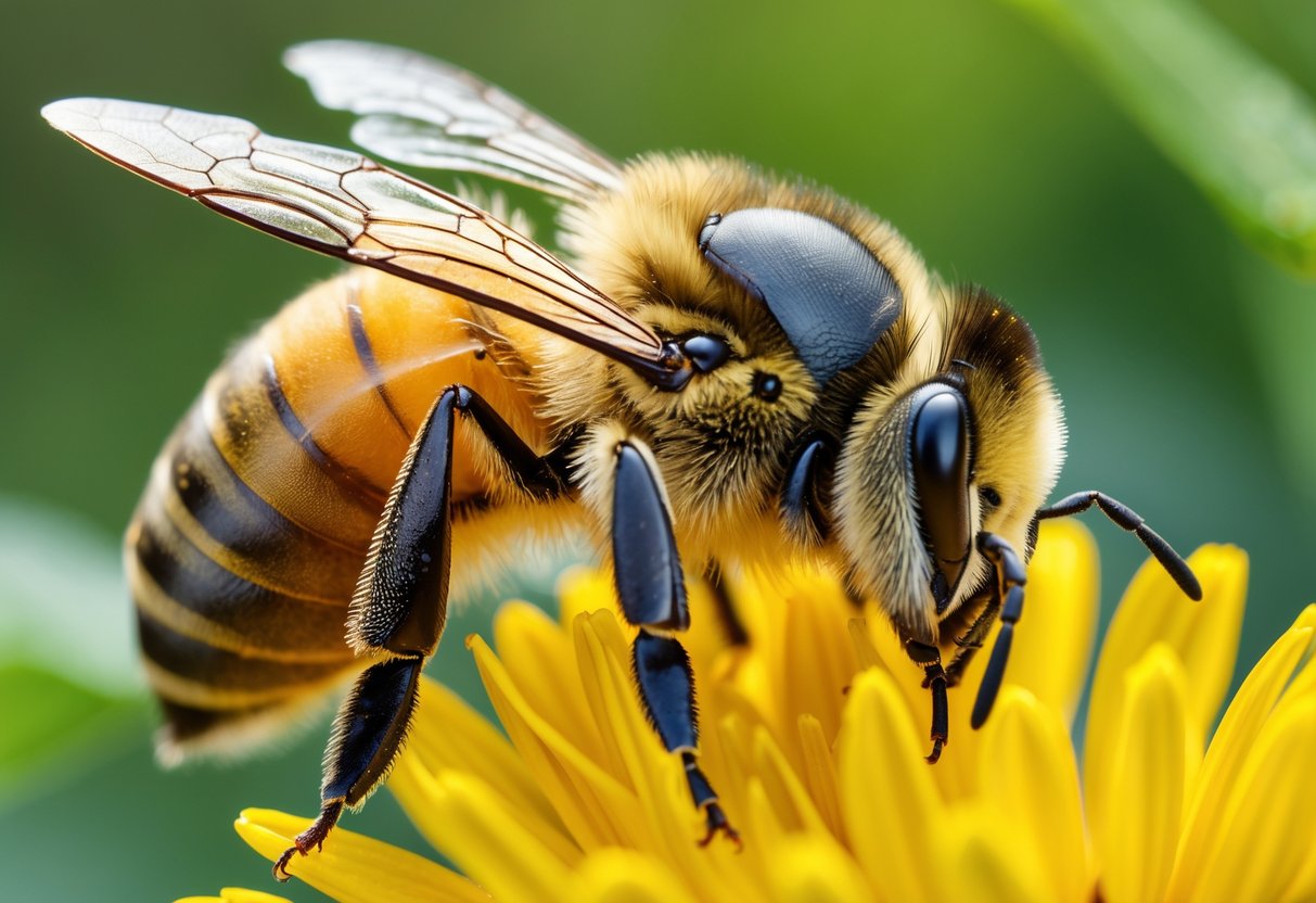 A close-up of a honeybee resting on a yellow flower petal with drooped wings, showing signs of tiredness.