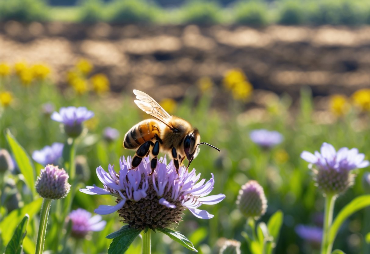 A honeybee resting on a colorful flower with dry, cracked earth and withered plants visible in the background.
