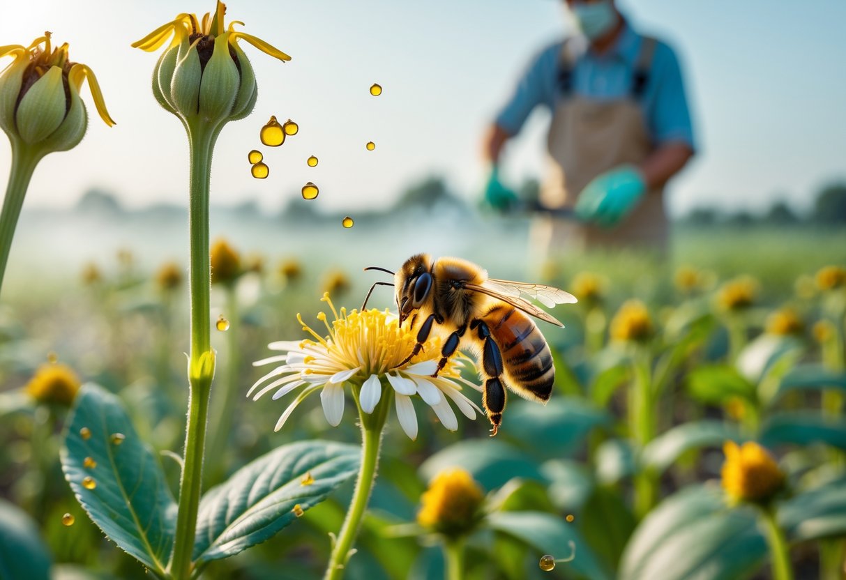 A close-up of a honeybee on a flower with wilted plants, pesticide droplets on leaves, and a blurred person working in a field in the background.