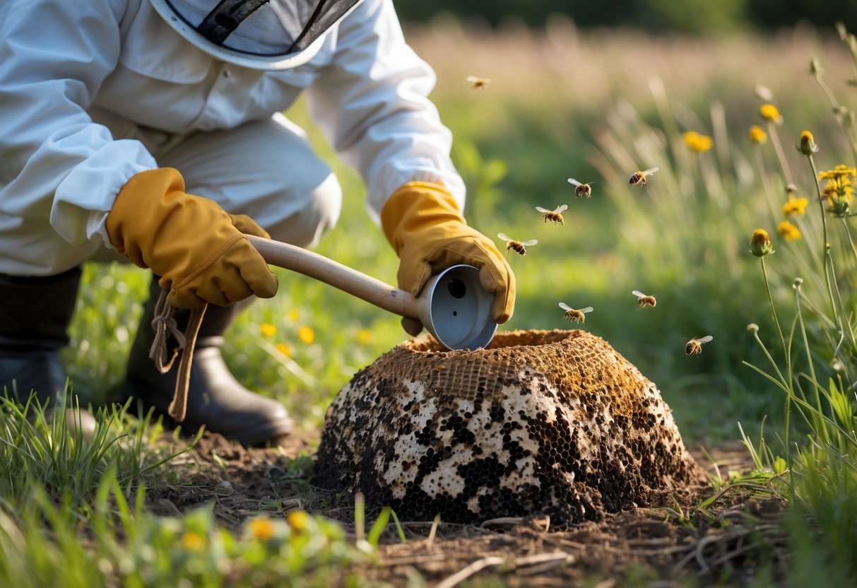 Person in protective gear removing a bees nest from the ground in a grassy outdoor area.