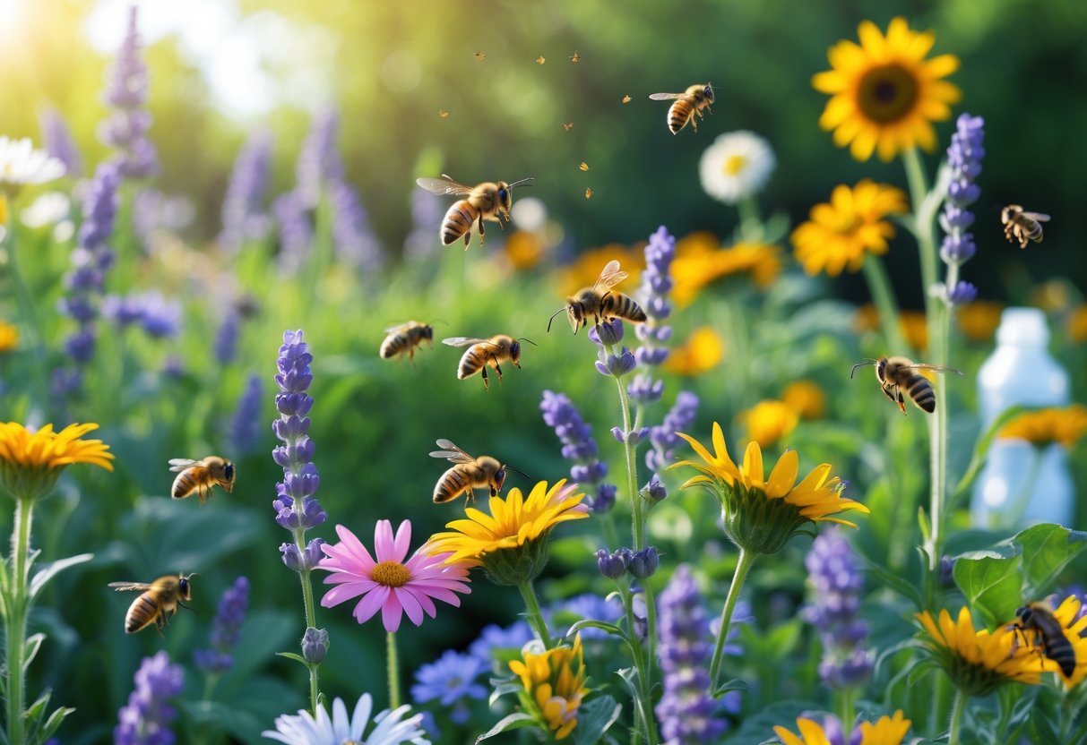 Close-up of bees on flowers in a garden with some bees appearing inactive and a few wilted flowers in the background.