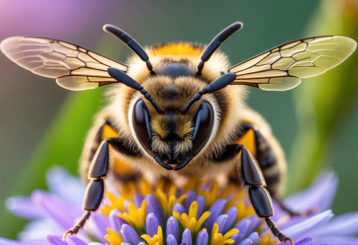 A close-up of a bee on a flower, clearly showing the bee's face and eyes.
