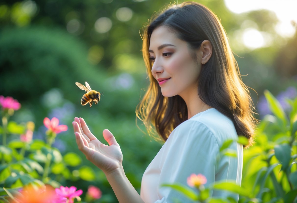 A young woman calmly observing a bee hovering near her hand in a garden.