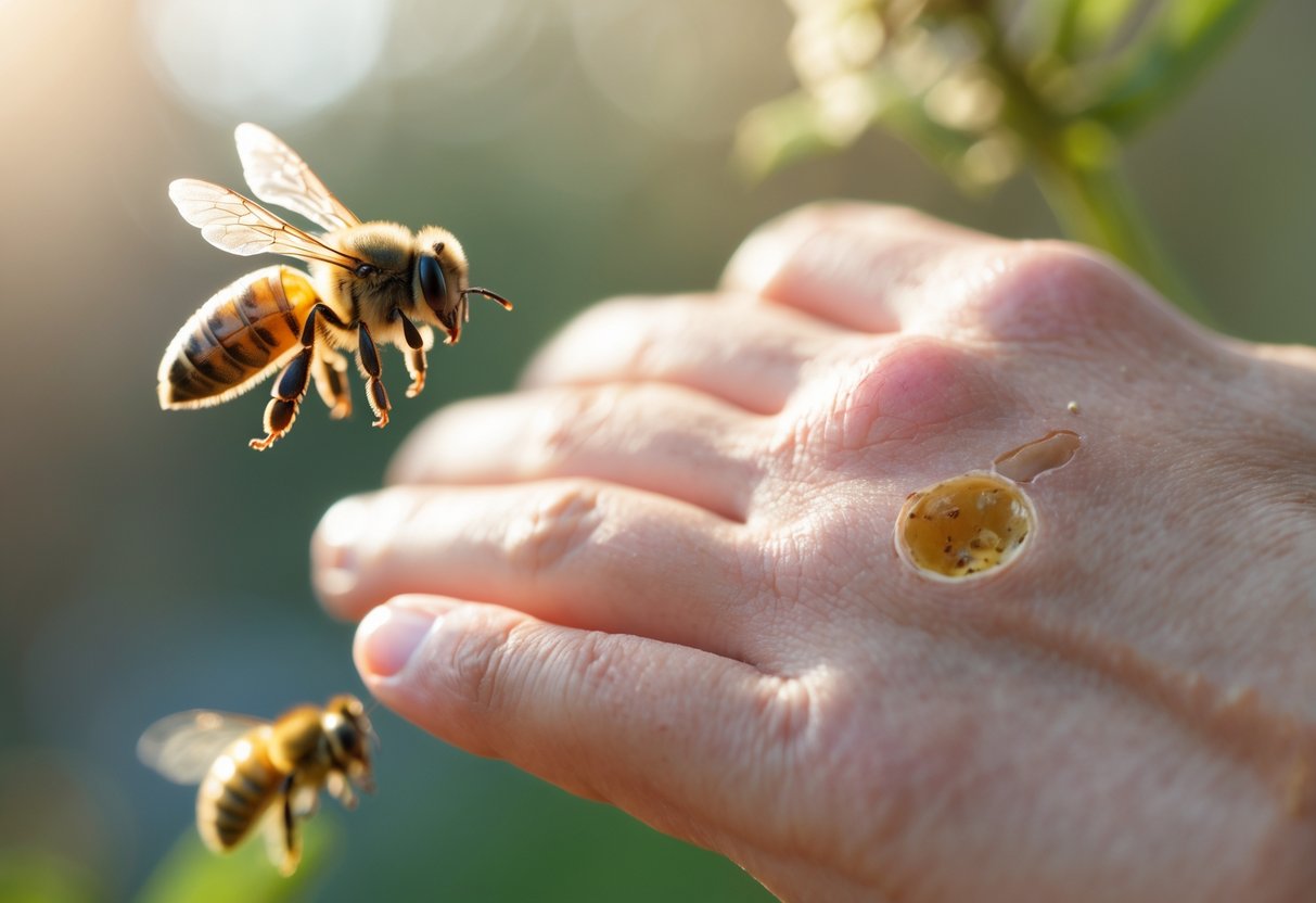 Close-up of a hand with a bee stinger embedded in the skin and slight redness around it.