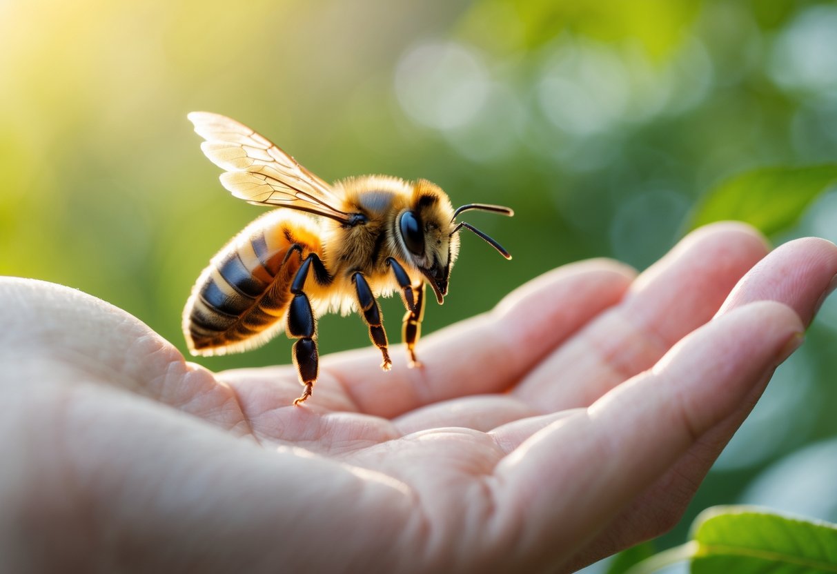 A honeybee flying near a human hand extended with fingers slightly curled against a blurred green background.