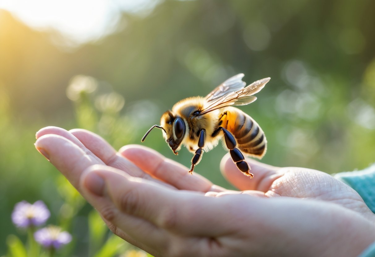 A honeybee hovering near a person's outstretched hand with green foliage in the background.