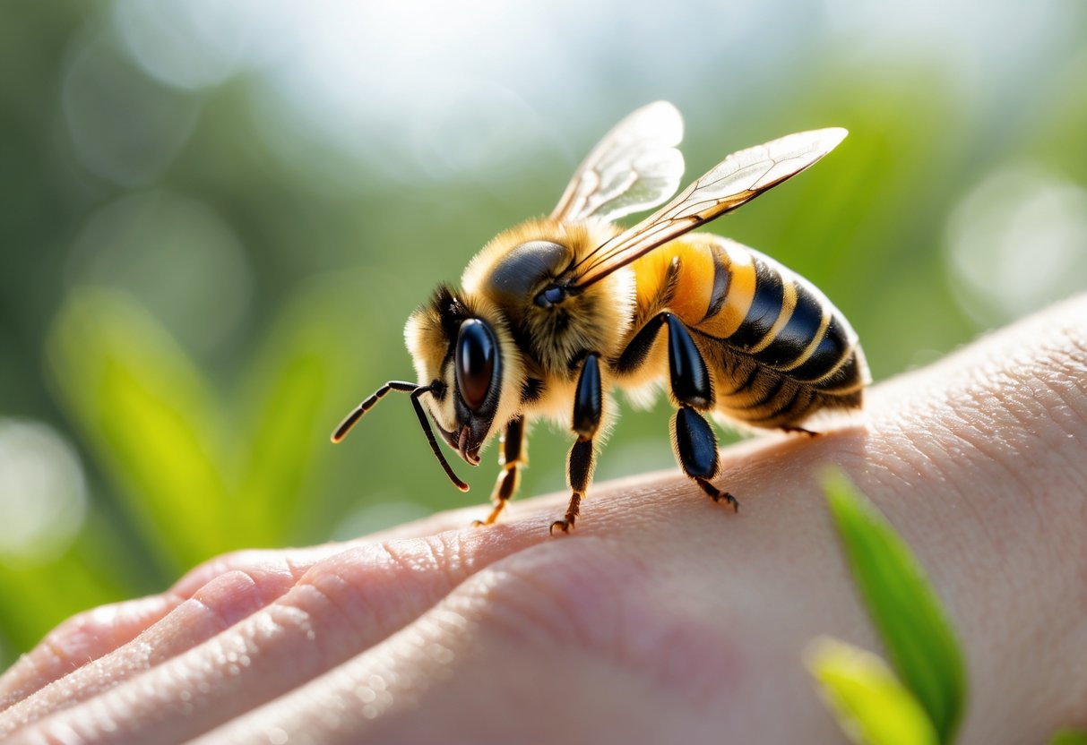 A queen bee stinging a person's hand, showing slight redness and swelling at the sting site.