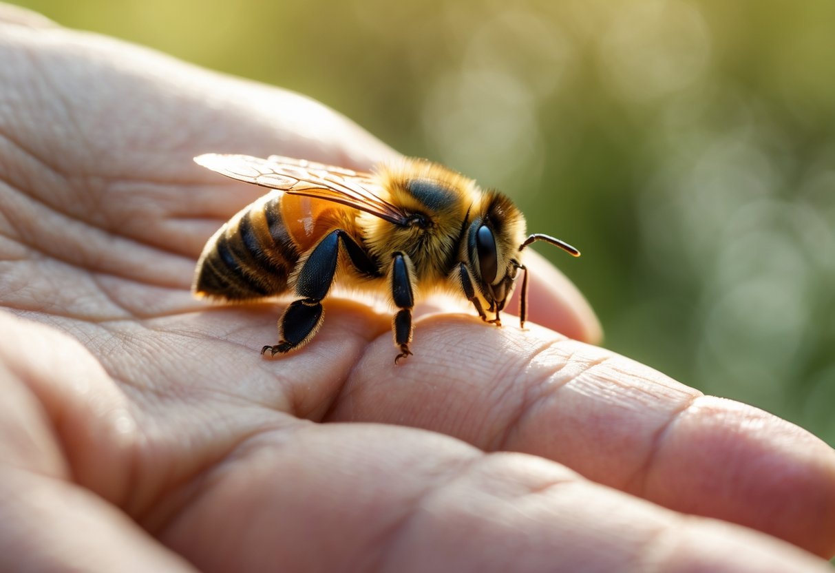 A bee resting gently on a person's open hand outdoors.