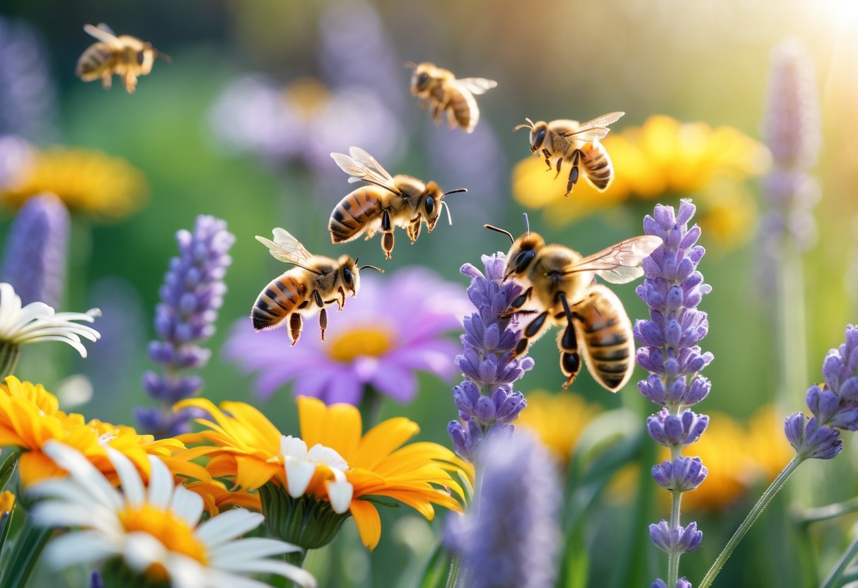 Close-up of honeybees collecting nectar from colorful flowers in a garden.