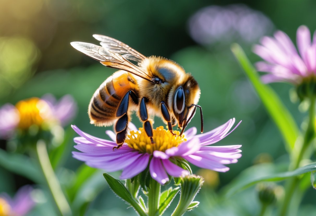 A close-up of a honeybee collecting nectar from a flower in a garden.