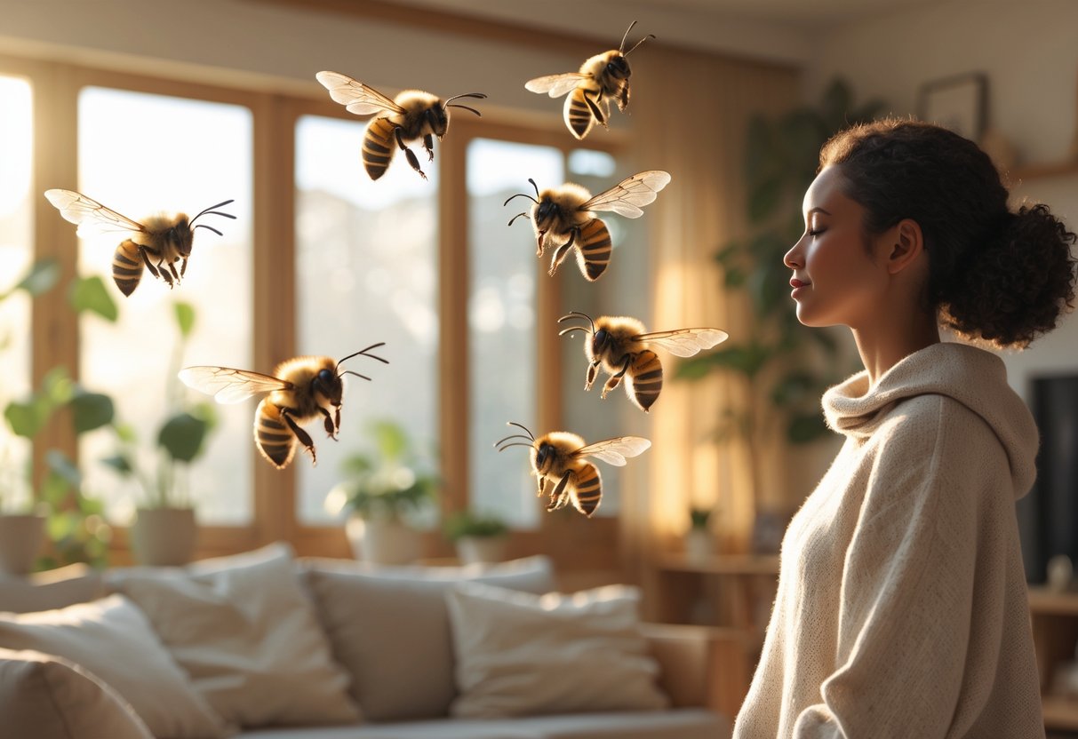 A calm person standing near a window in a cozy living room with bees flying gently around them.