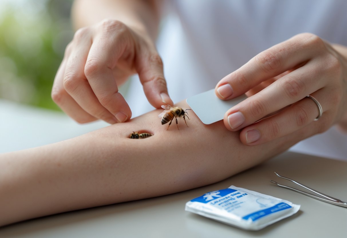 A close-up of a person removing a bee sting from their forearm with a fingernail, with a first aid kit nearby.