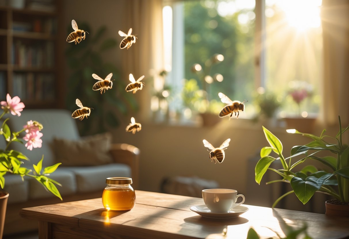 Bees flying inside a sunlit living room near indoor plants and a wooden table with a honey jar and tea cup.