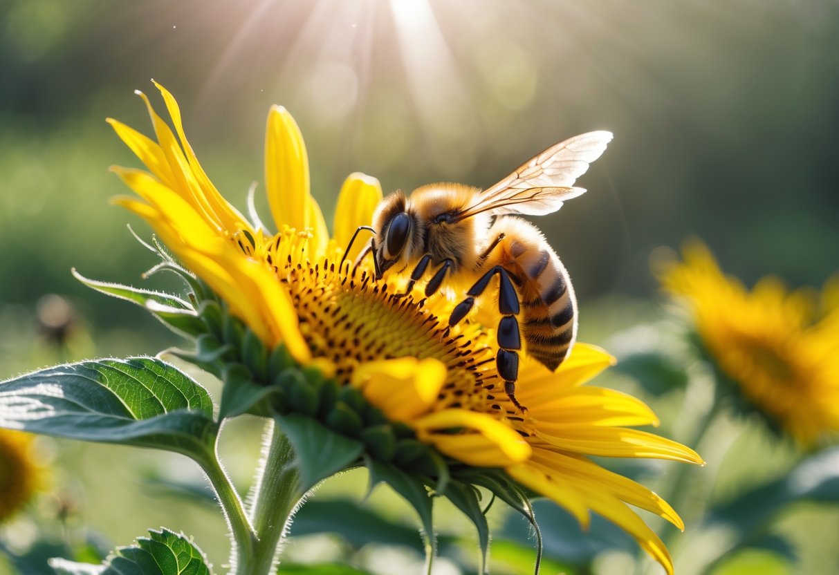 A honeybee resting on a yellow sunflower with green plants blurred in the background.