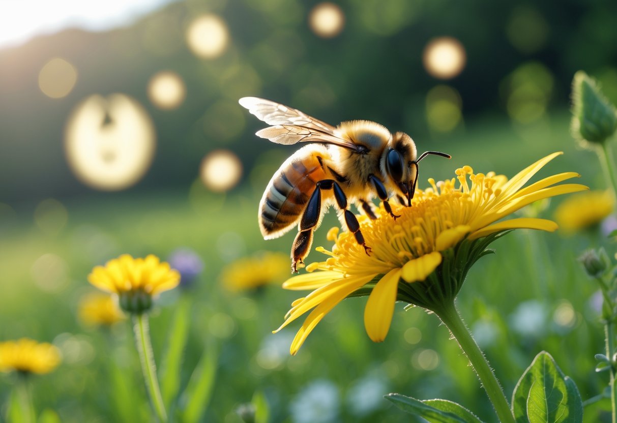 A close-up of a honeybee on a yellow flower in a sunlit meadow with soft glowing orbs and faint symbols in the background.