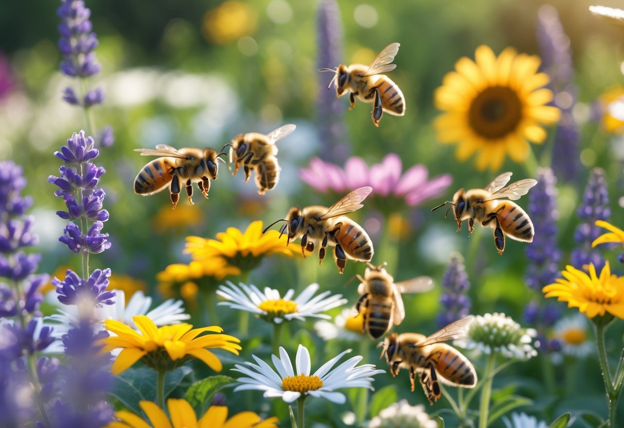 Bees pollinating colorful flowers including lavender, sunflowers, daisies, and clover in a sunlit garden.