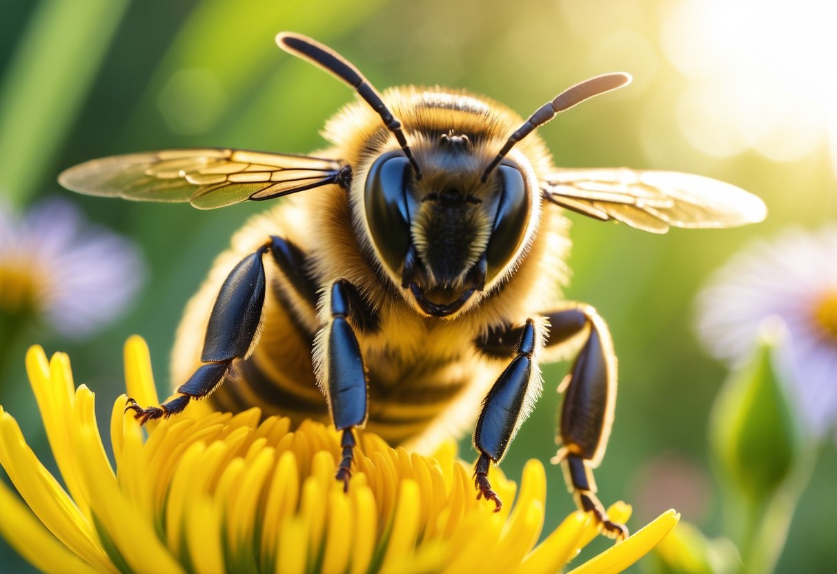A close-up of a honeybee facing the camera while sitting on a yellow flower in a garden.