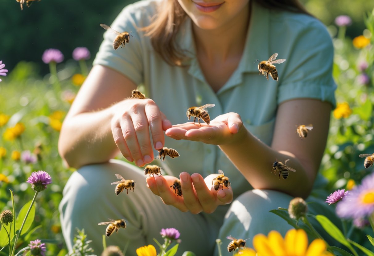 A person outdoors in a garden with bees hovering around their arms and hands among flowers.