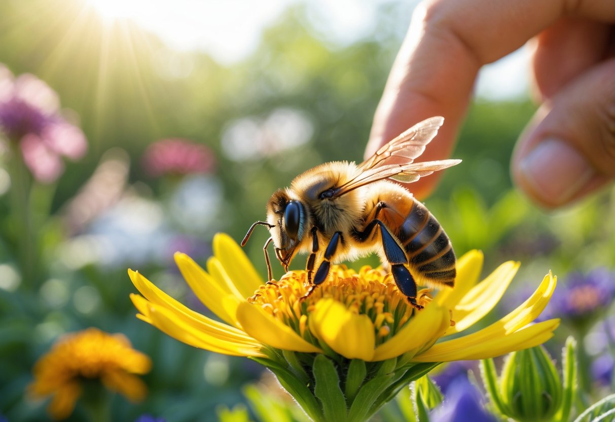 A bee resting on a yellow flower with a human hand reaching toward it in a garden.