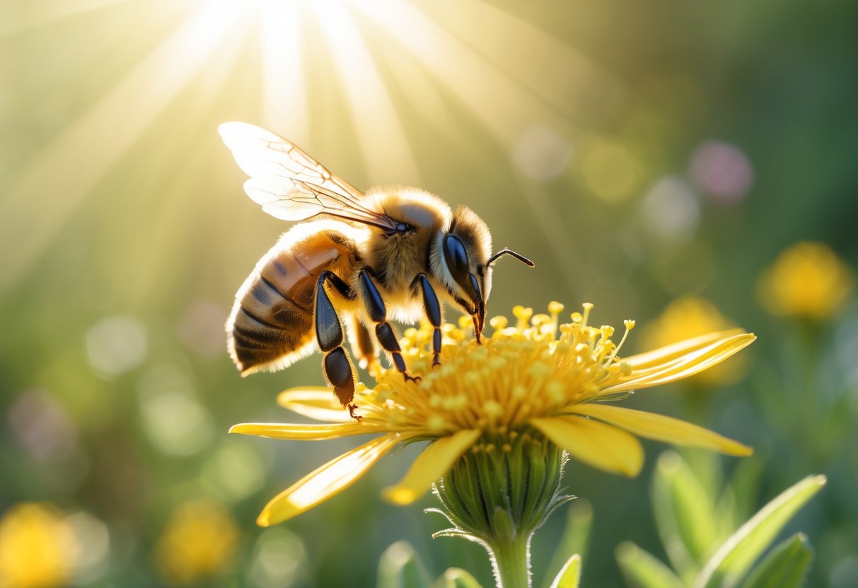 A close-up of a bee sitting on a yellow flower in a sunlit garden.