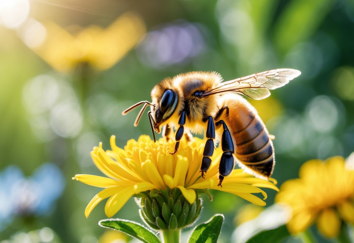 A honeybee resting on a yellow flower in a garden with green foliage in the background.