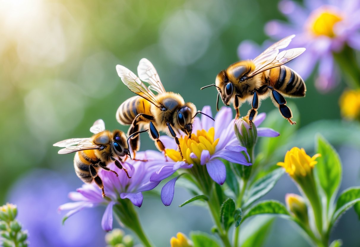 Close-up of three different bee species on colorful flowers in a natural outdoor setting.