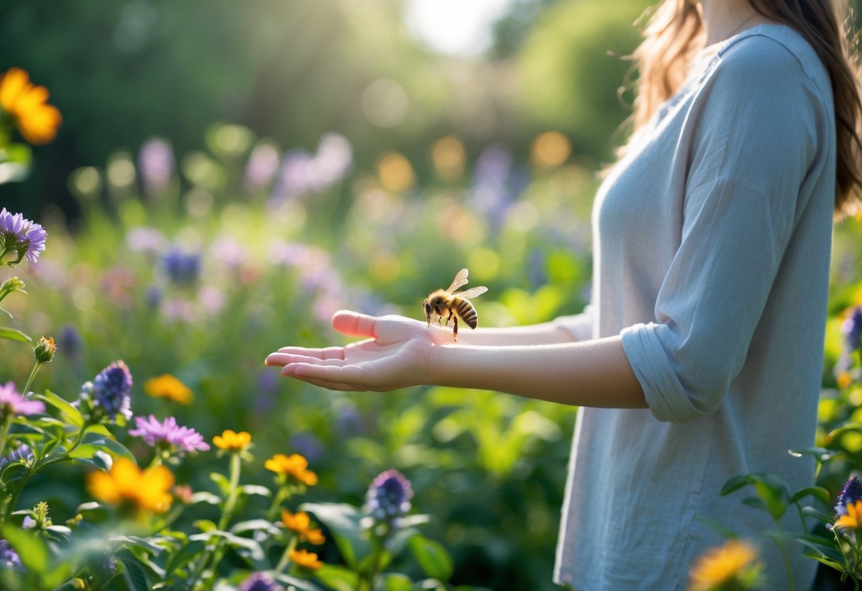 A person standing calmly in a garden with a honeybee hovering near their outstretched hand.