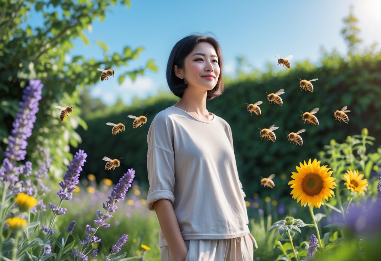 A person standing calmly in a garden with bees hovering near colorful flowers.