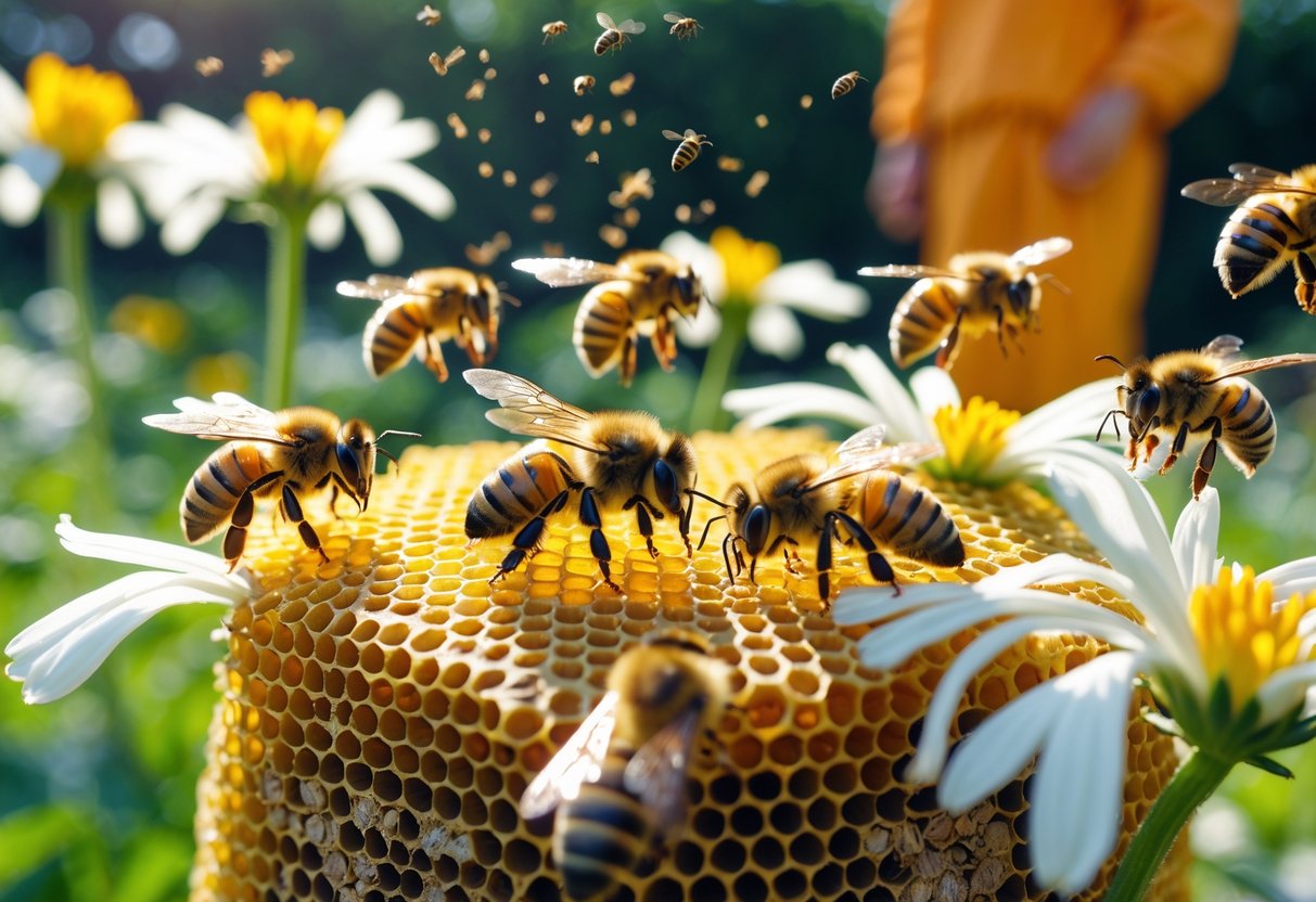 Close-up of bees on flowers with some flying away as a person approaches a beehive nearby.