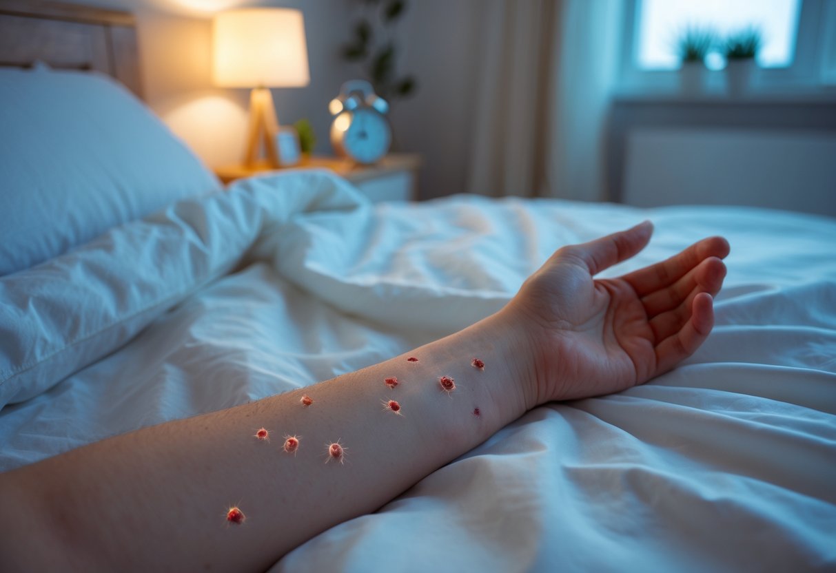 Close-up of a person's arm on a bed with red bite marks, in a softly lit bedroom at night.