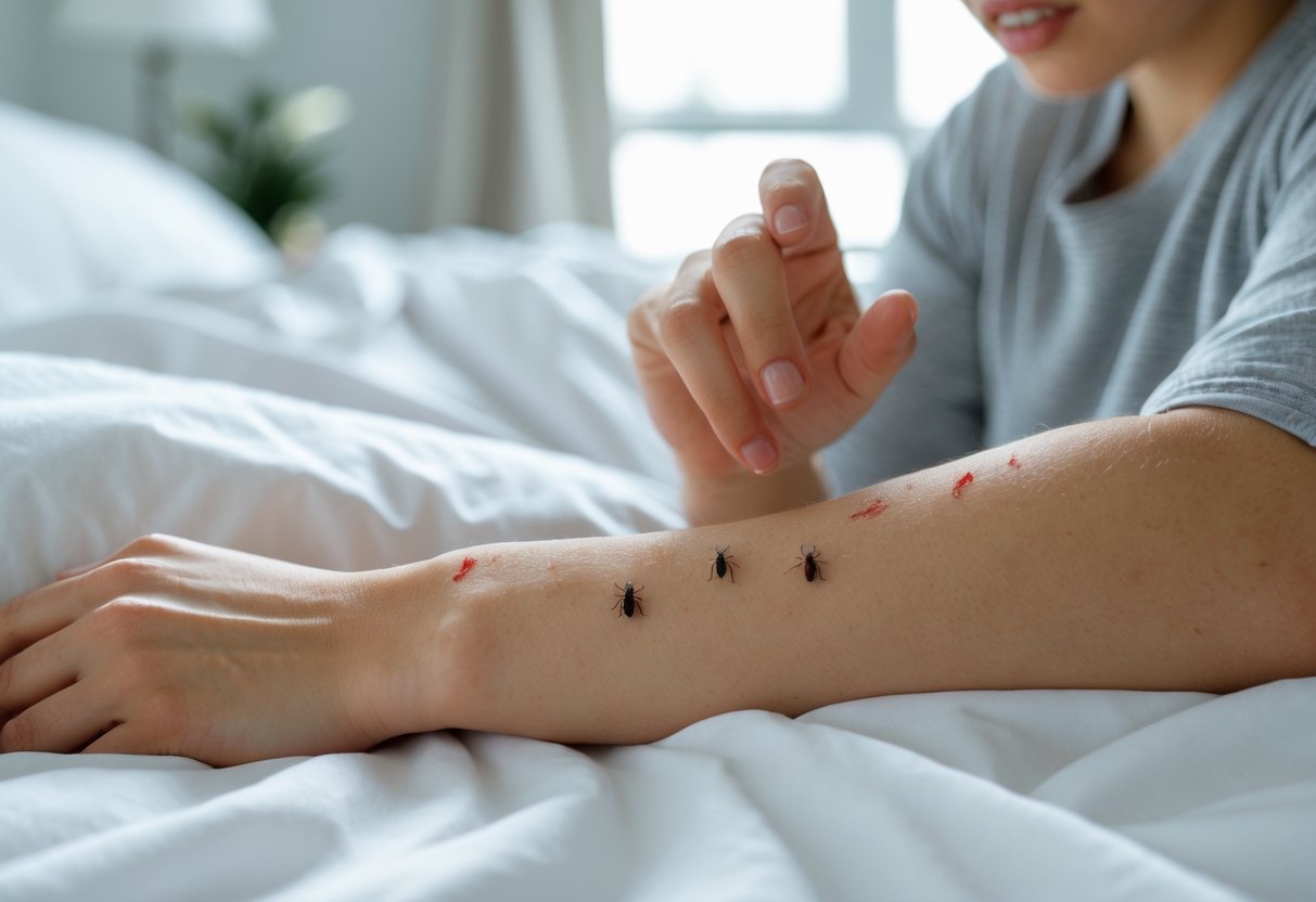A person scratching red bite marks on their forearm while sitting on a bed in a bright bedroom.