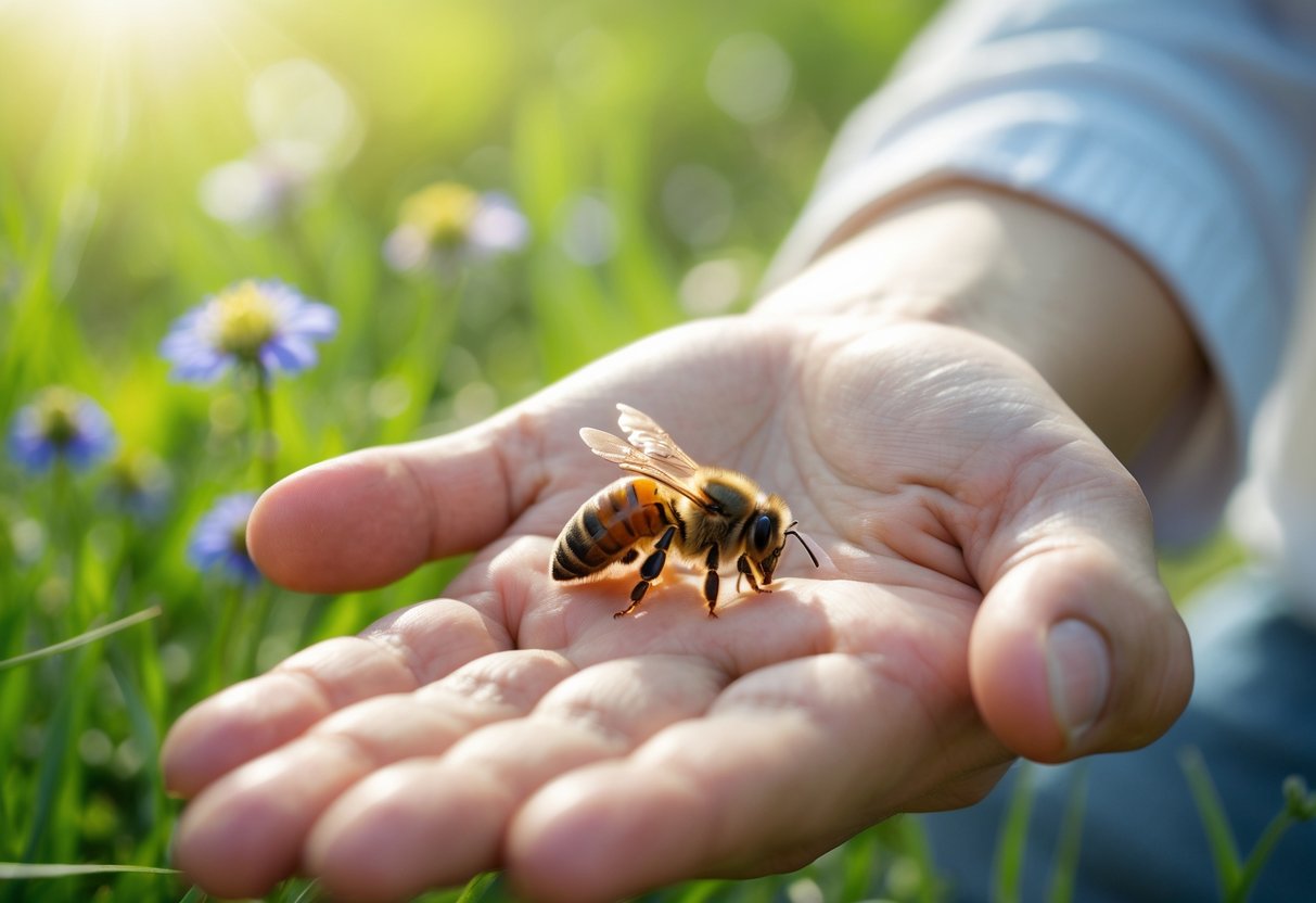 A honeybee resting gently on a person's open hand outdoors surrounded by green plants and wildflowers.