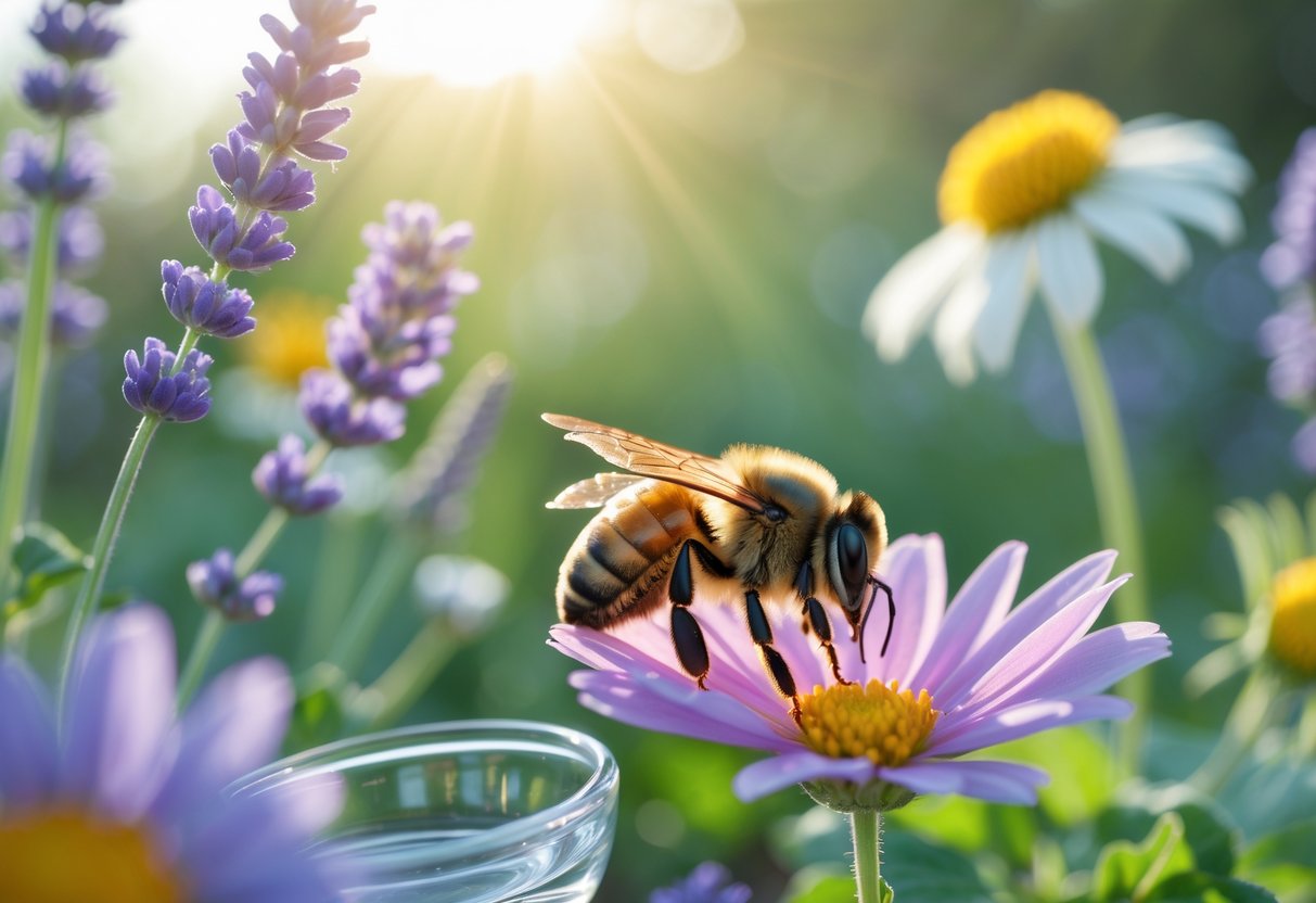 A bee resting on a flower petal near a small dish of sugar water surrounded by blooming flowers in a garden.