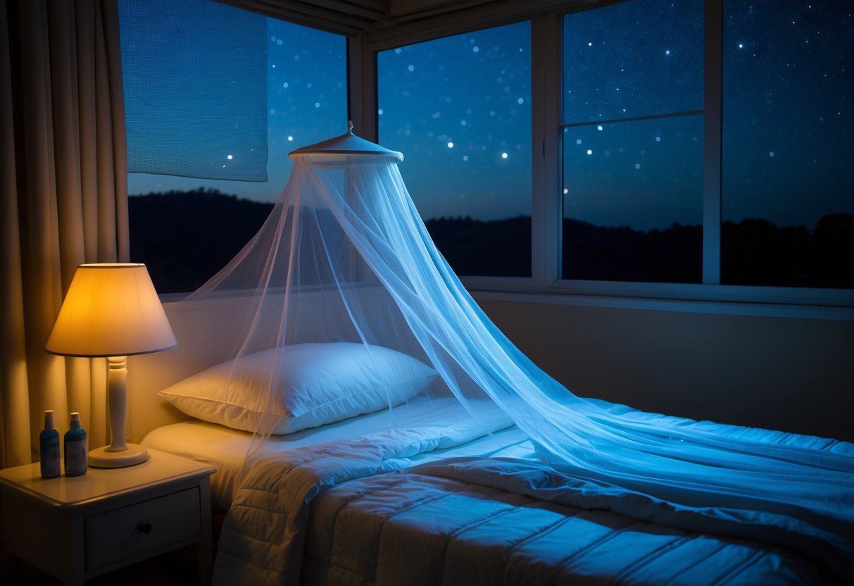 A bedroom at night with a bed covered by a mosquito net, a bedside table with insect repellent, and a closed window with mesh screens.