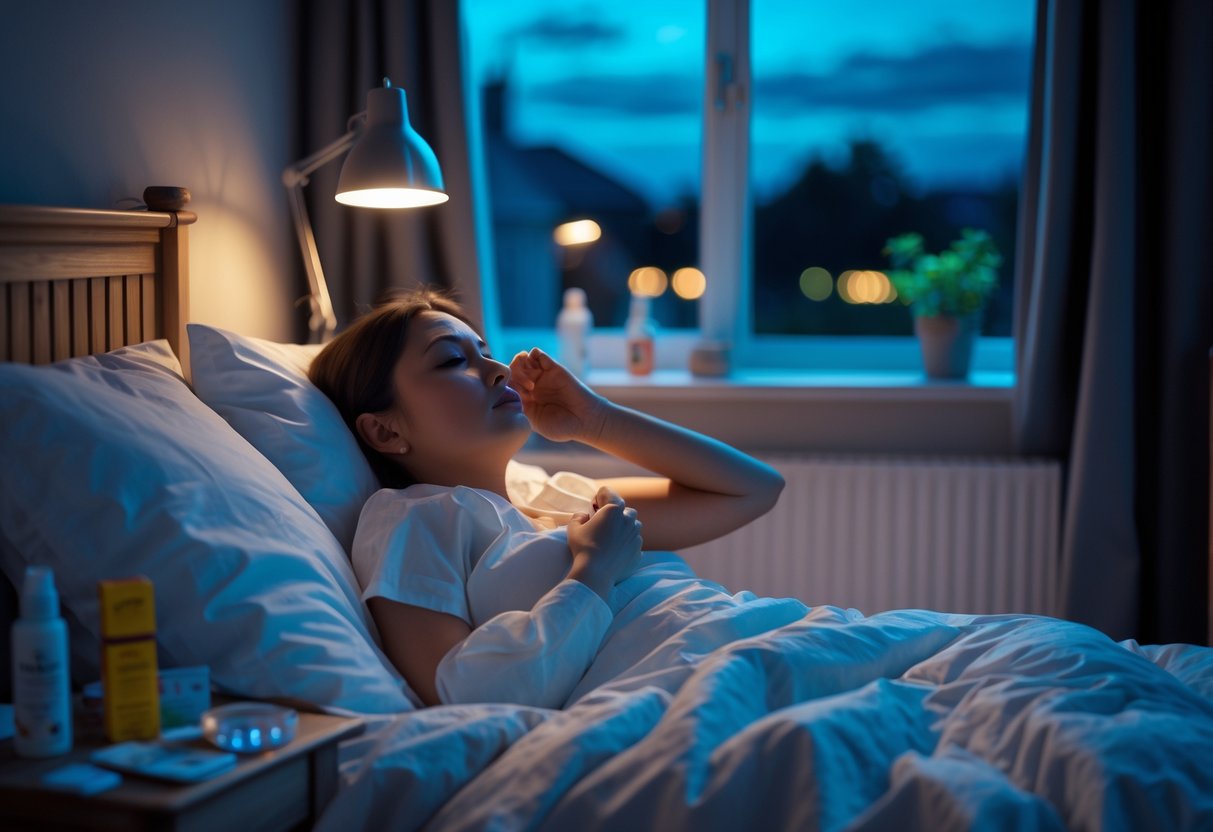 Person lying in bed at night scratching their arm with a bedside lamp and window showing a dark night sky in the background.