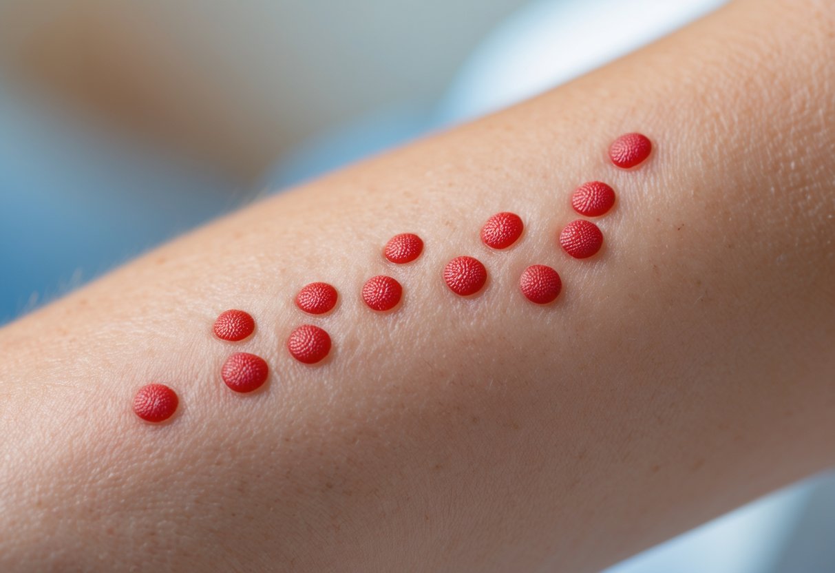 Close-up of a person's arm with several small red bites arranged in clusters, showing skin irritation.