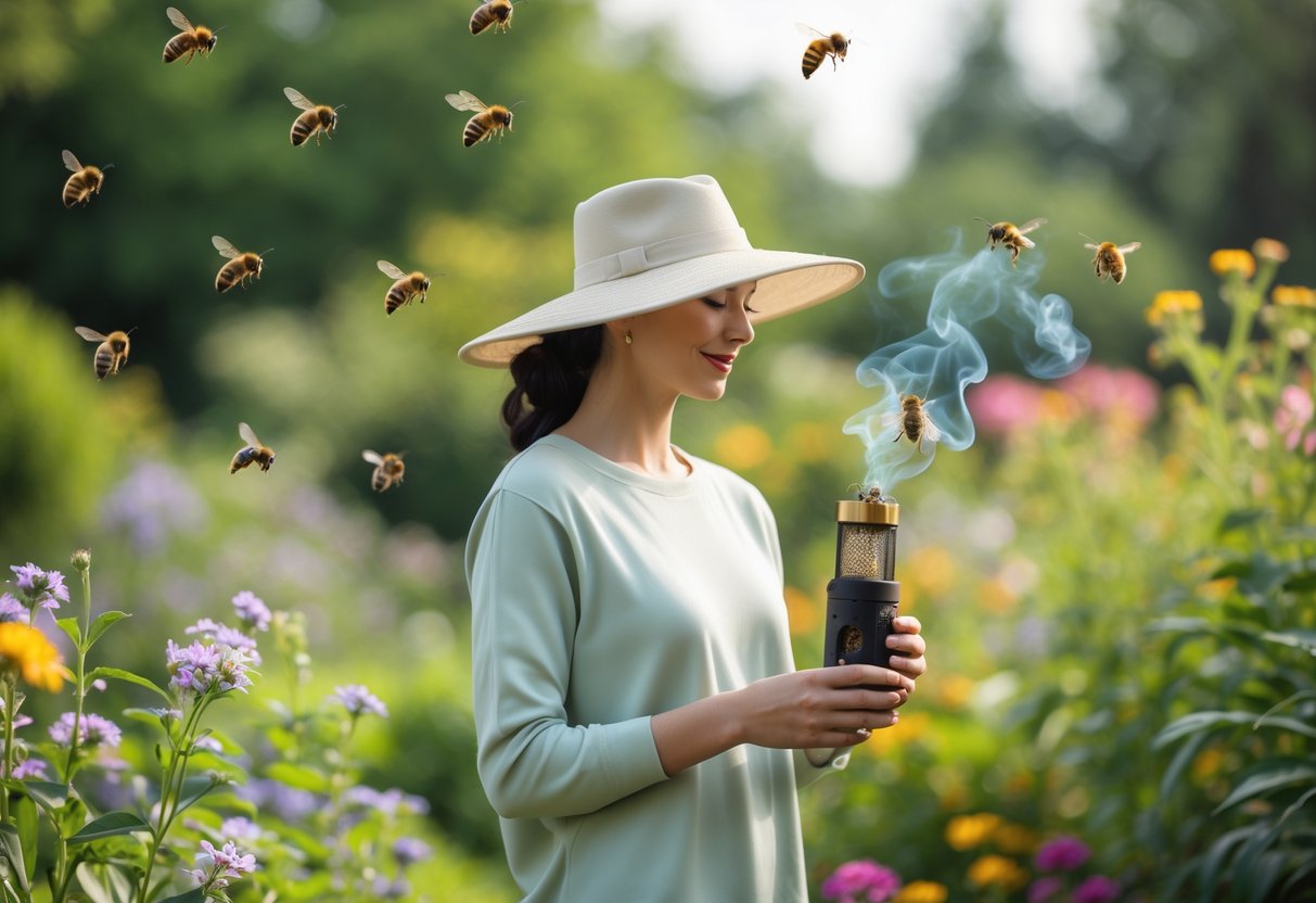 A person in a garden wearing a hat and holding a bee smoker device with bees flying nearby.