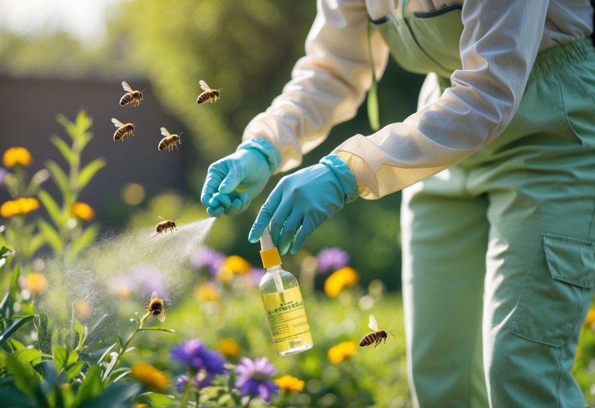 Person outdoors in a garden wearing protective clothing, gently spraying a natural bee repellent near flowers with bees flying nearby.