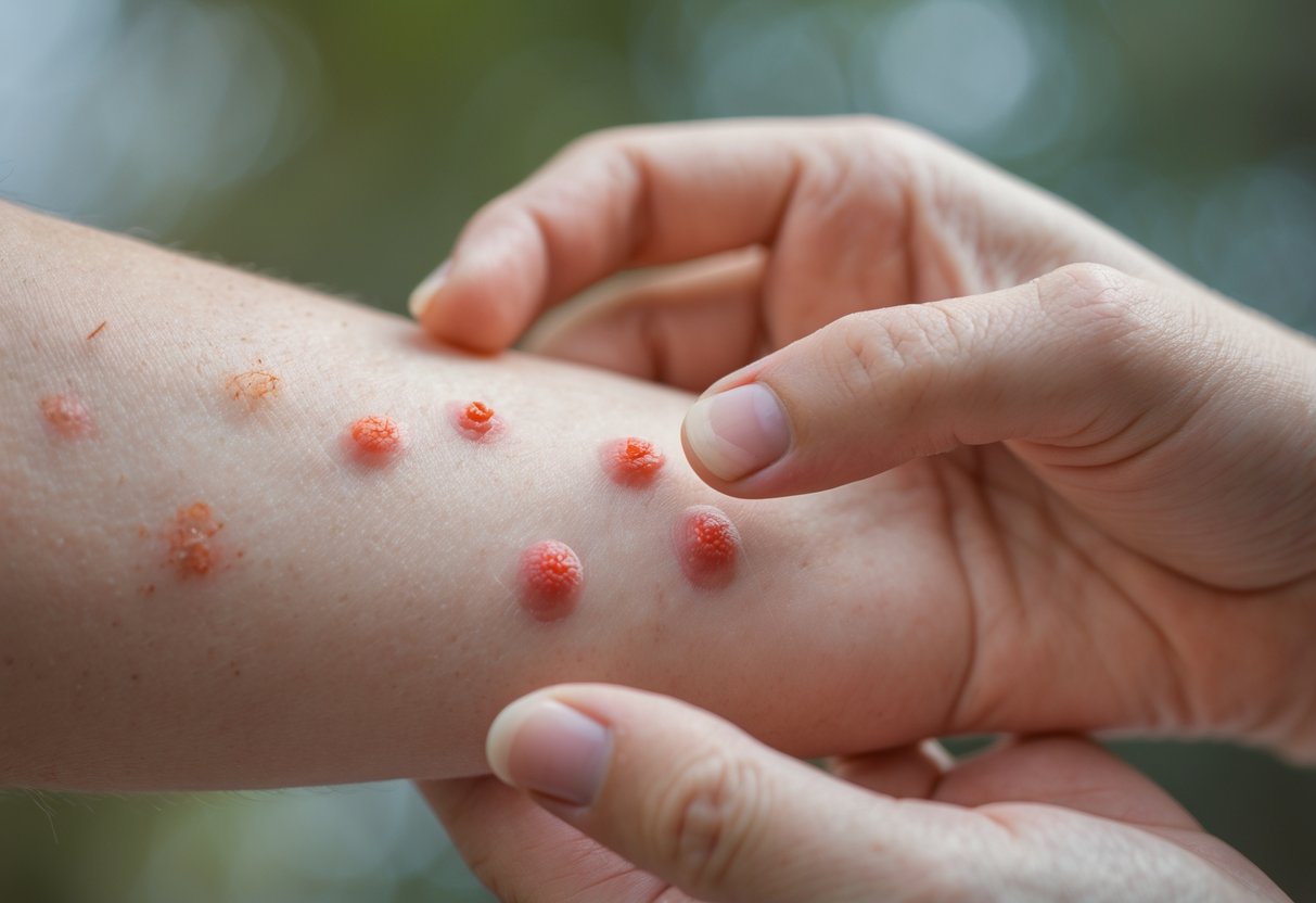 A person examining insect bites on their forearm with their hand.
