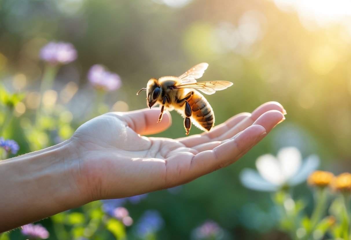 A honeybee flying close to an outstretched human hand in a garden with flowers and green plants.