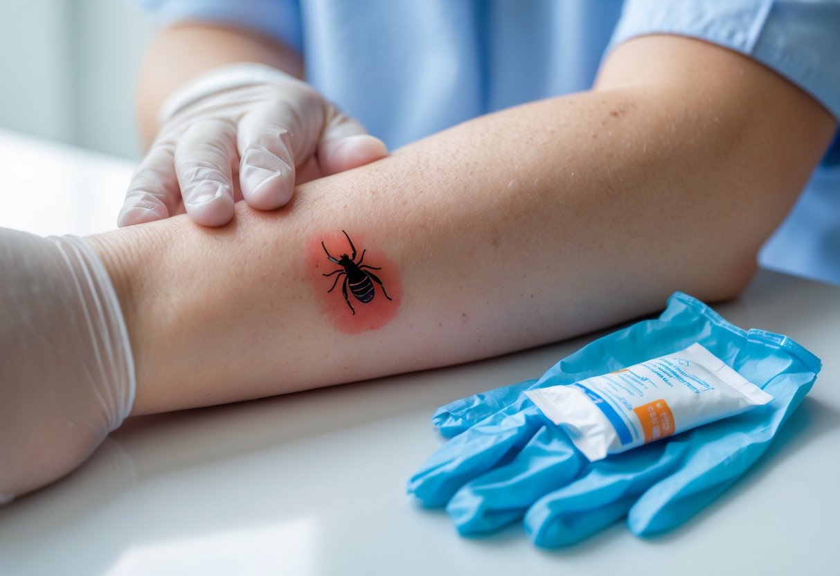 Close-up of a person's forearm with an infected insect bite showing redness and swelling, next to antiseptic cream and medical gloves.