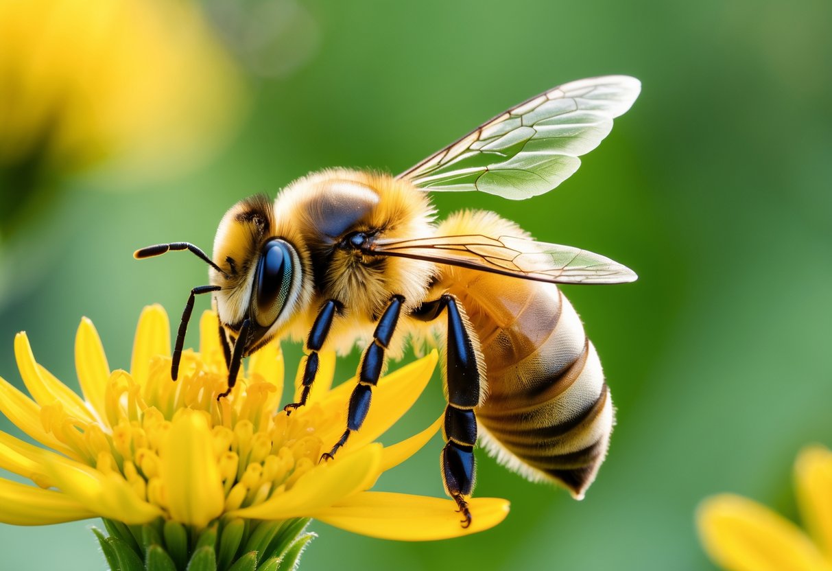 A honeybee sitting on a yellow flower with a blurred green background.