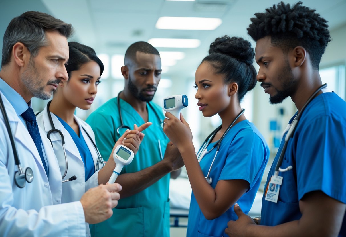 Four healthcare professionals in a hospital examining patients, each showing signs of sepsis through their actions and expressions.