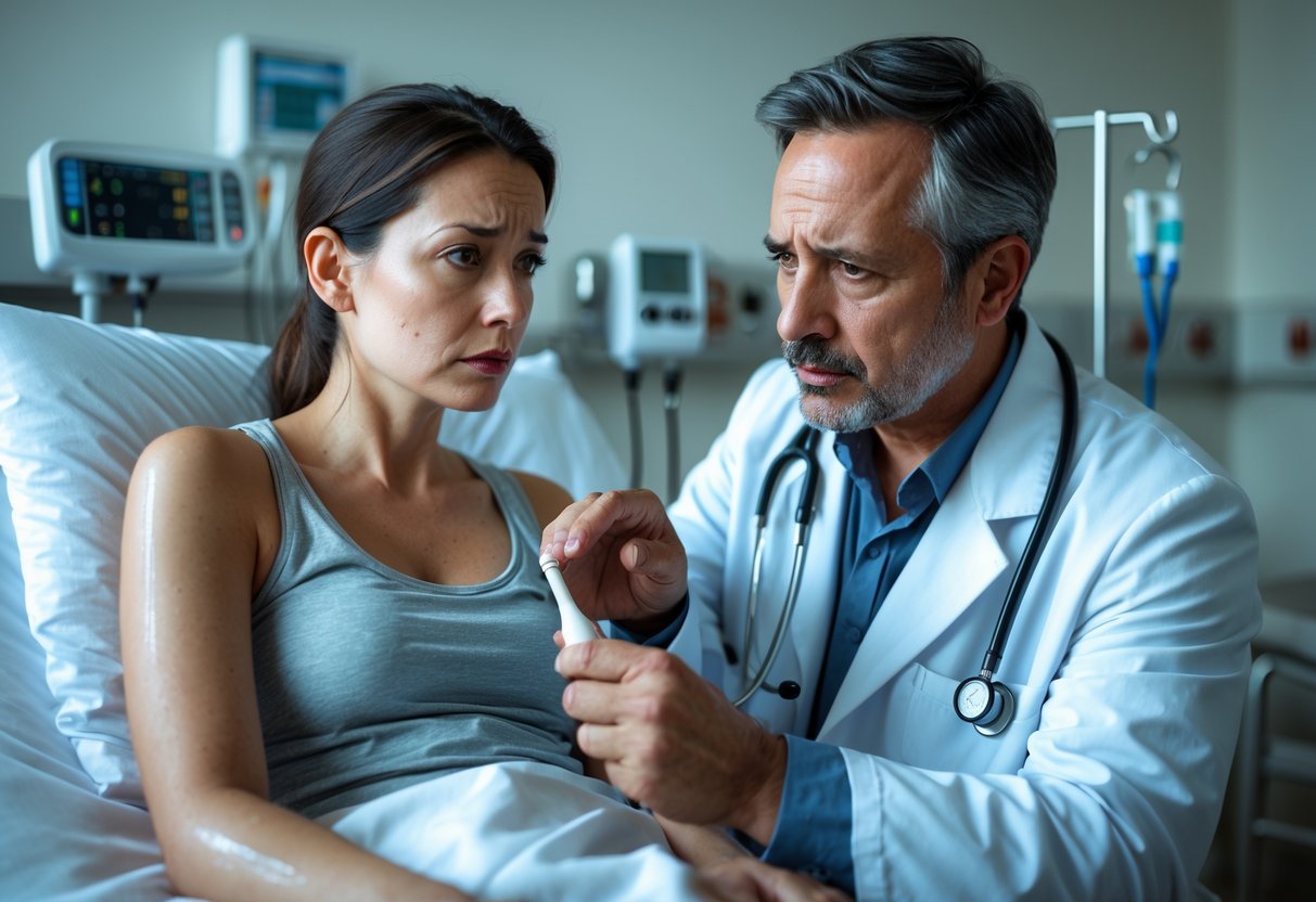 A doctor examines a young female patient showing early signs of illness in a hospital room.