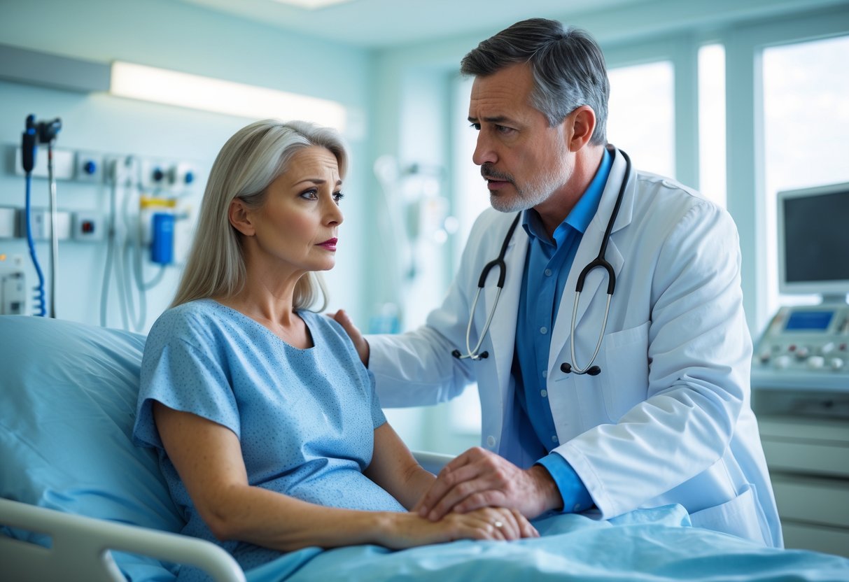 A doctor examining a worried patient in a hospital room.