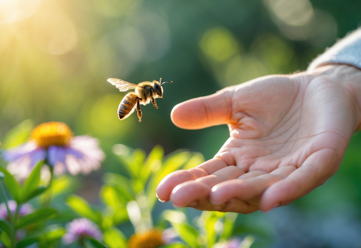 A bee hovering near a person's open hand in a sunny garden with green plants and flowers in the background.